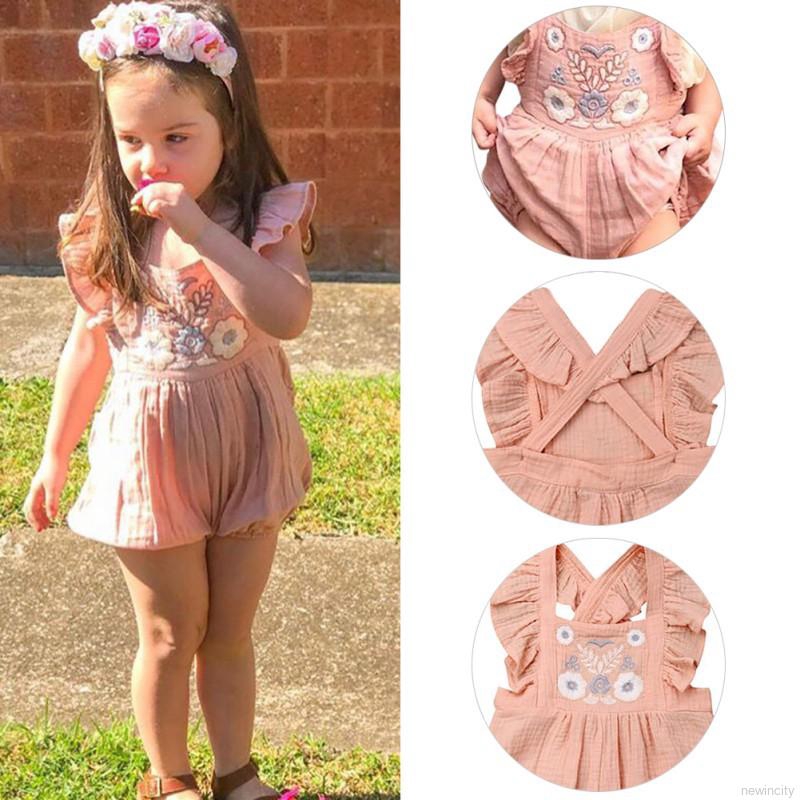 Jumpsuit ngắn tay thêu họa tiết dễ thương cho bé gái