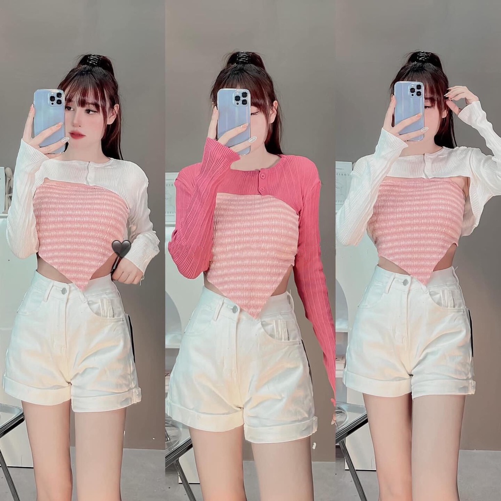 Set Đồ Nữ Gồm Cardigan Len Croptop Kèm Áo 2 Dây Họa Tiết Kẻ