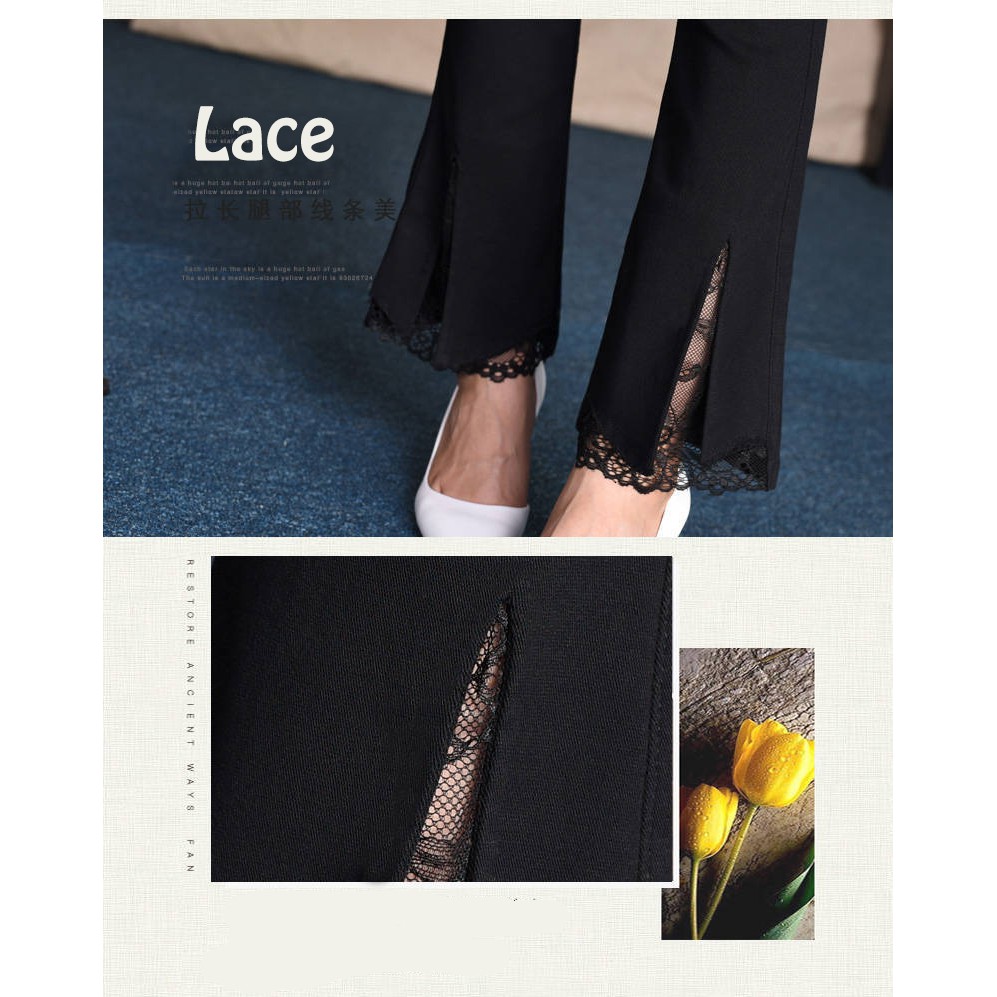 READY STOCK Women Flared Lace Pants Split High Waist Elastic Wide Leg Pants