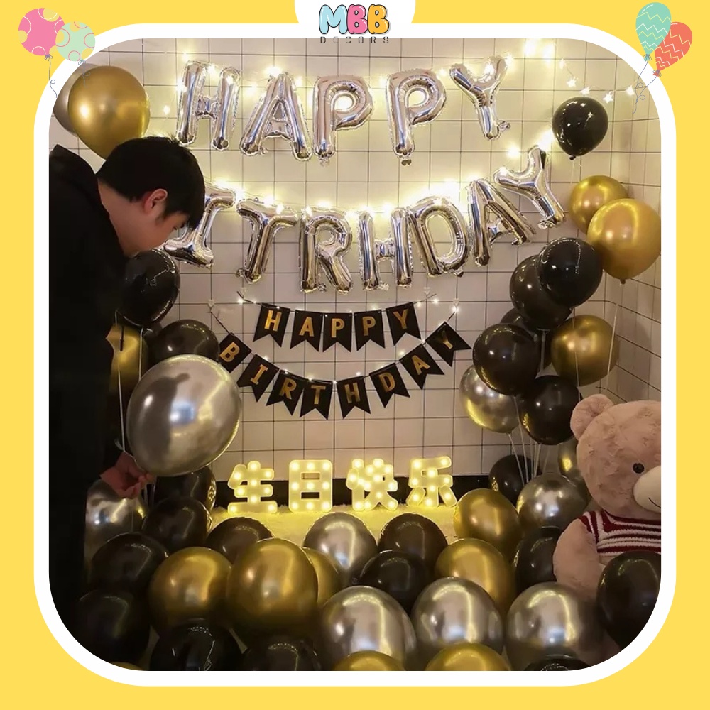 [TẶNG BÓNG SỐ &amp; BƠM, KEO] Set Trang Trí Sinh Nhật Bé Trai Bé Gái Màu Vàng Đen Đầy Đủ Phụ Kiện 0002
