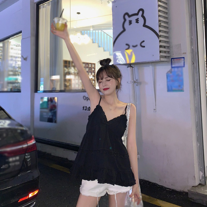 Áo Hai Dây Màu Trắng/Đen Phong Cách Hàn Quốc Cho Nữ