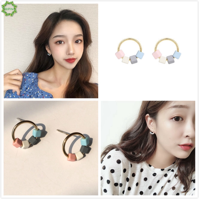 Bông tai chất liệu bằng kim loại họa tiết hình học nhiều màu xinh xắn