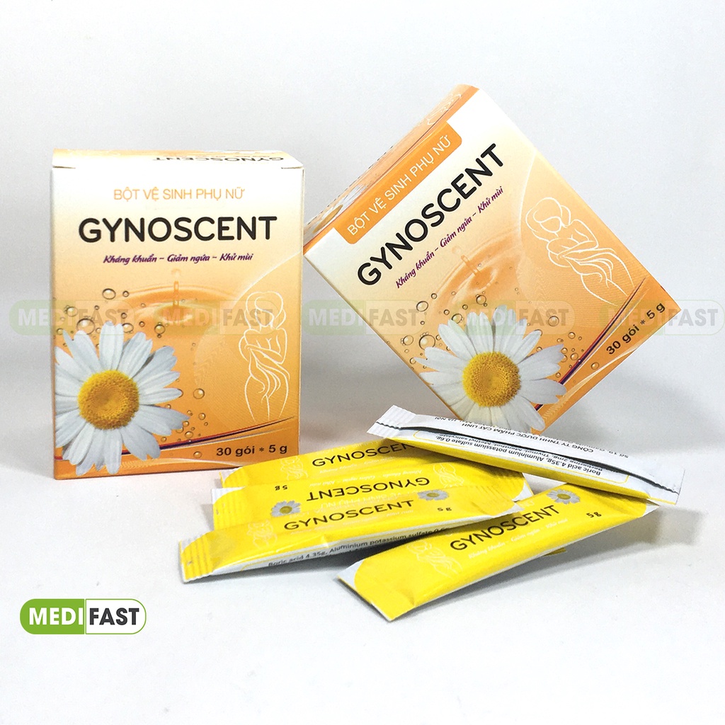 Bột pha vệ sinh phụ nữ Gynoscent của Dược Cát Linh hộp 30 gói, sạch vùng kín, diệt khuẩn, nấm mốc