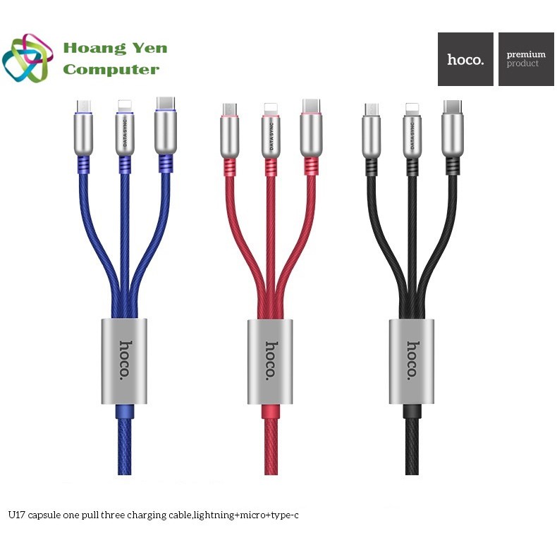 Cáp sạc 3 đầu (Lightning, Micro Usb, Type C ) Hoco U17