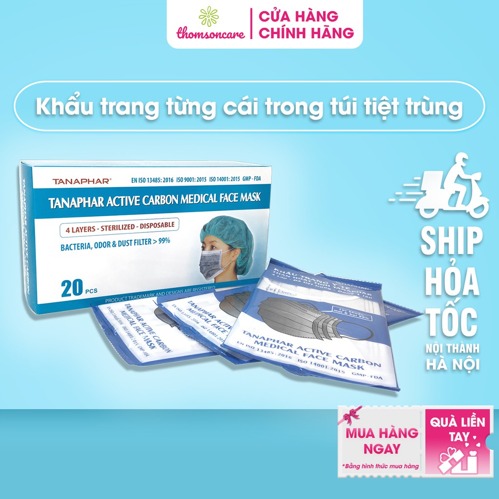 khẩu trang y tế than hoạt tính Tanaphar 4 lớp tiệt trùng bảo vệ hệ hô hấp chống bụi mịn, ô nhiễm không khí Hộp 20c