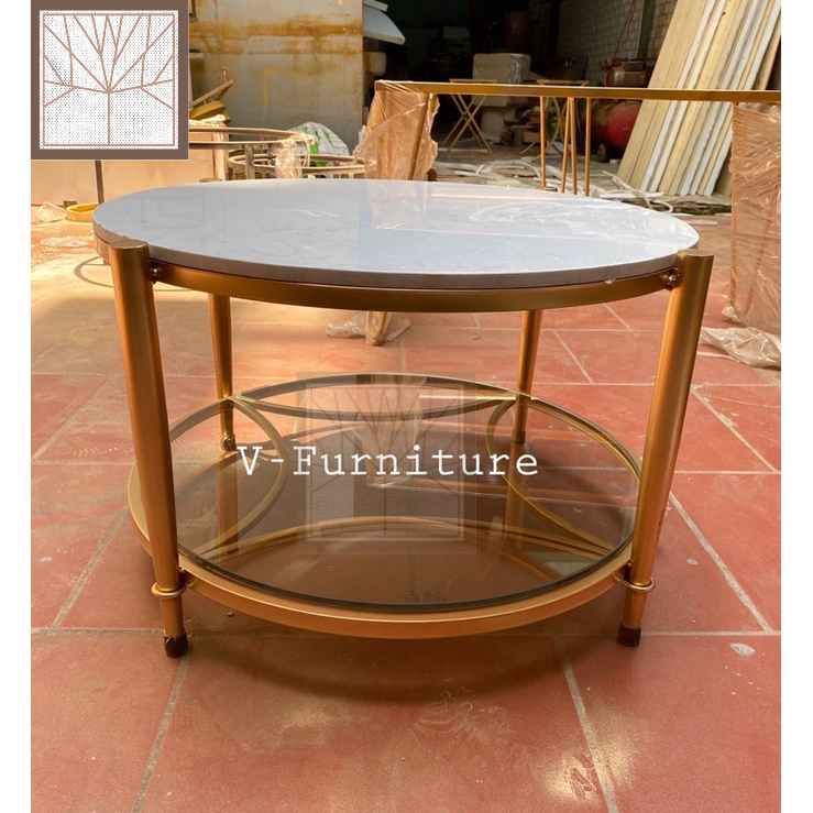 Bàn trà đơn Sofa phòng khách mặt đá tròn kết hợp mặt kính lọt sang trọng, hiện đại