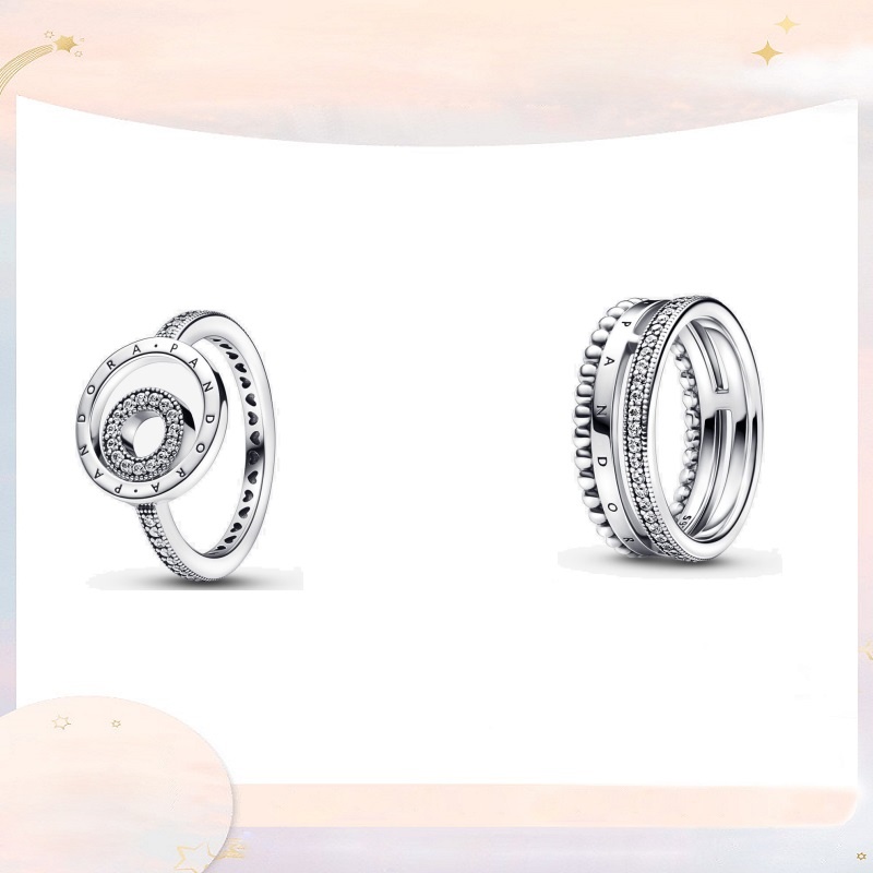 Nhẫn Bạc 925s Pandora Chữ Ký Logo Vòng Tròn Pav & Hạt