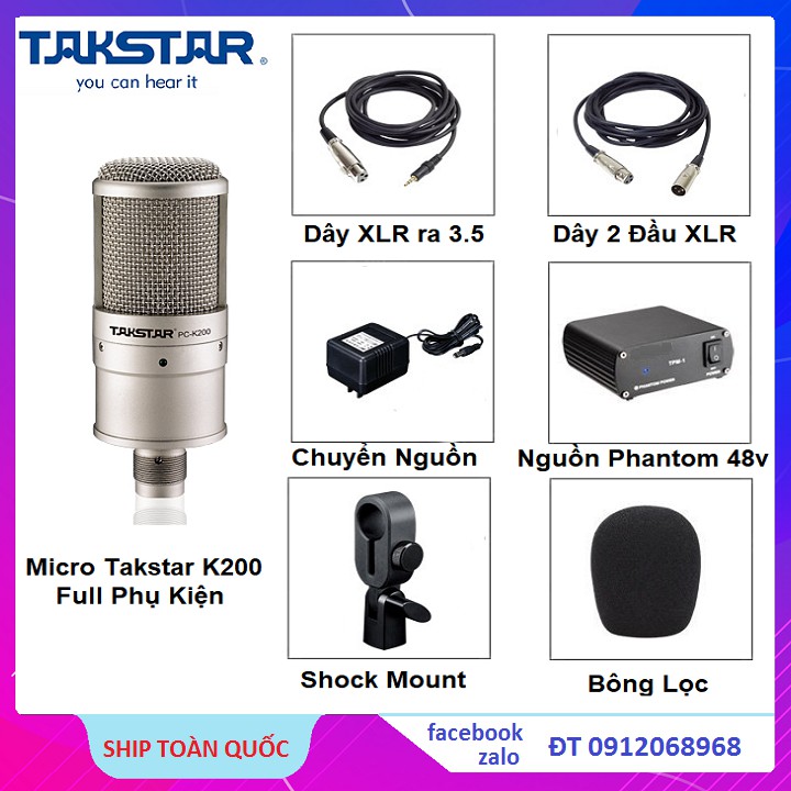 Micro Takstar PC K200 Thu Âm Chuyên Nghiệp , Live Stream, Tặng Nguồn Phantom 48v, Dây Giắc Đầy Đủ Theo Kèm