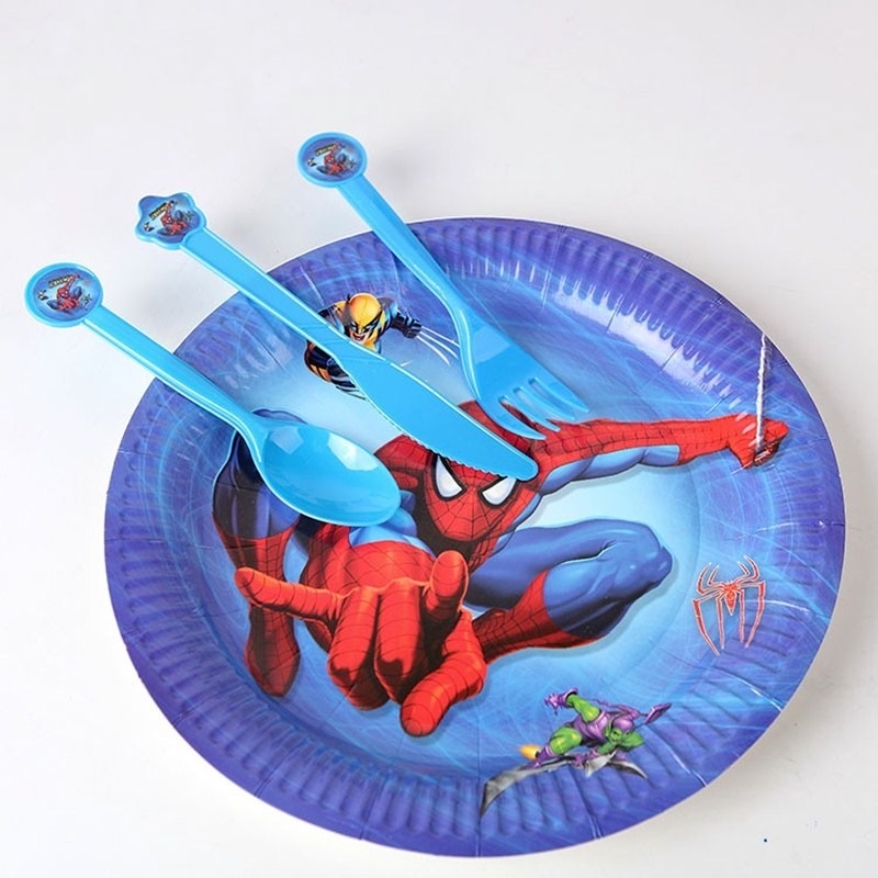 Bộ 24 Món Chén Đĩa / Cốc Giấy Dùng Một Lần In Hình Spiderman Hoạt Hình Trang Trí Tiệc Sinh Nhật Cho Bé