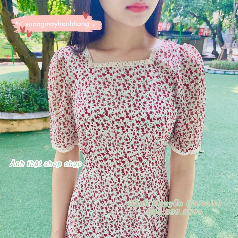 Váy hoa cổ vuông ren vintage tay lửng 2 lớp cực xinh