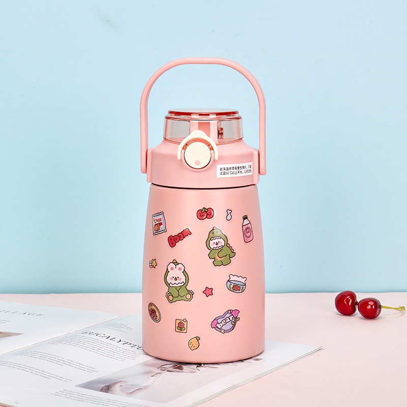 Bình giữ nhiệt 800ml có quai cao cấp kèm ống hút và sticker dễ thương