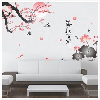 Decal dán tường decal trang trí cành đào và hoa sen BINBIN PK252 (Có keo sẵn)