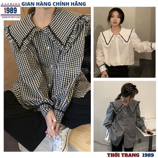 Áo Sơ Mi Nữ form rộng 2 mầu cổ sen kiểu dáng hàn quốc tiểu thư dễ thương đẹp dài tay ulzzang vintage -PHƯƠNG VŨ 1989
