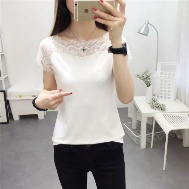 Áo phông nữ pha ren cổ_ áo thun nữ