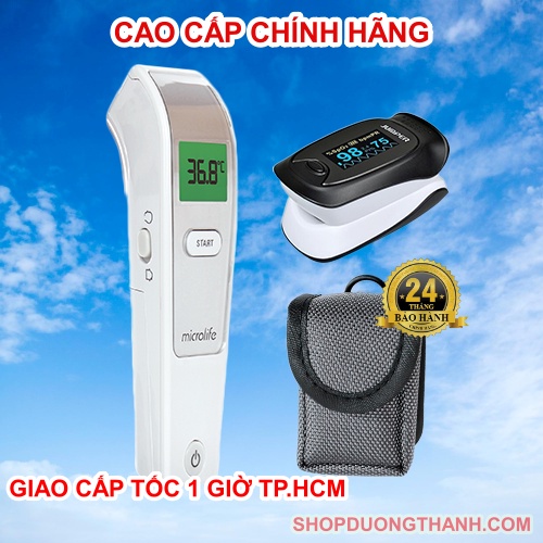 BỘ Máy nhiệt kế hồng ngoại điện tử đo thân nhiệt độ và máy đo nồng độ oxy SpO2 trong máu kẹp ngón Microlife Jump