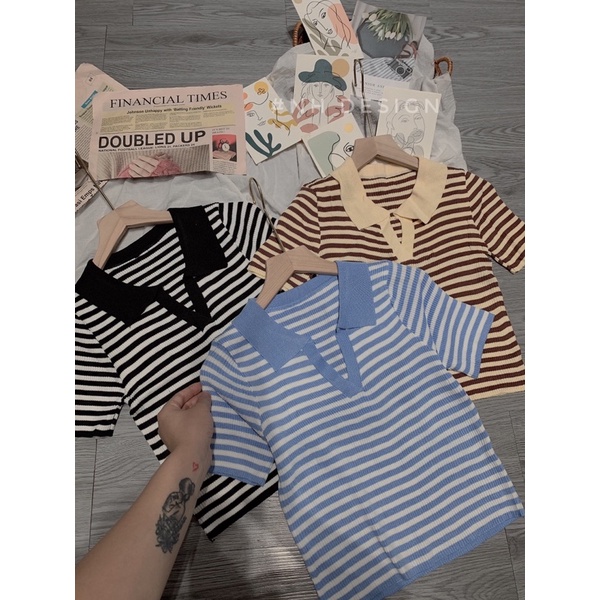 Áo len polo cổ bẻ V kẻ ngang | BigBuy360 - bigbuy360.vn