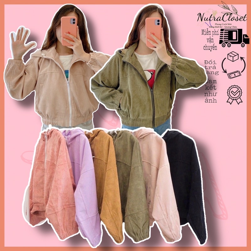 Áo khoác lửng croptop kaki nhung gân tay phồng unisex ulzzang nam nữ