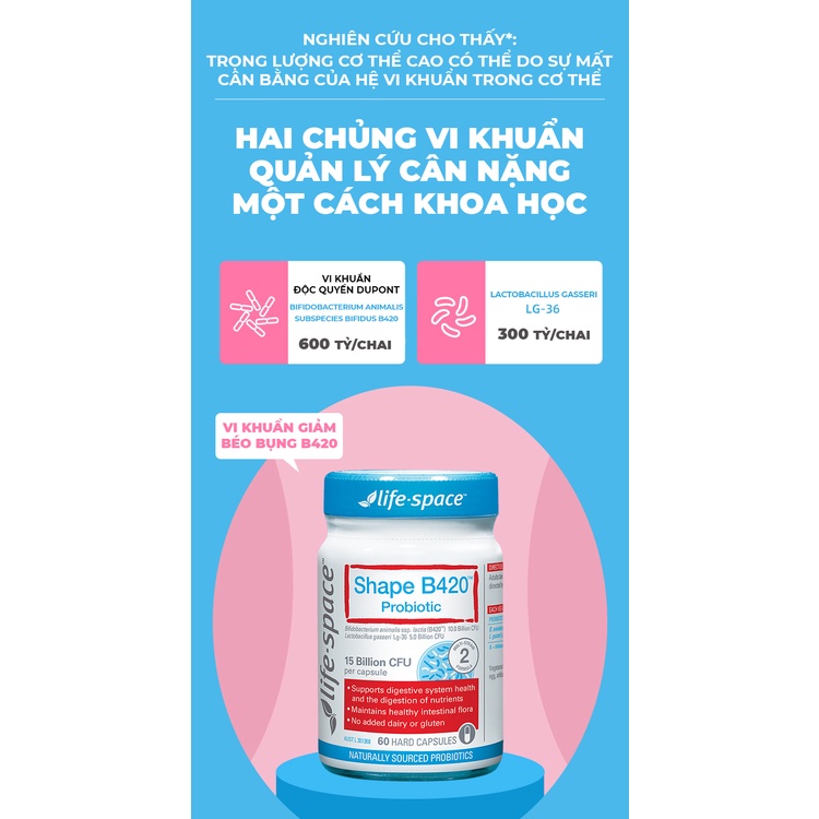 Men vi sinh hỗ trợ tiêu hóa Life Space Shape B420 Probiotic 60 viên - Hàng chính hãng