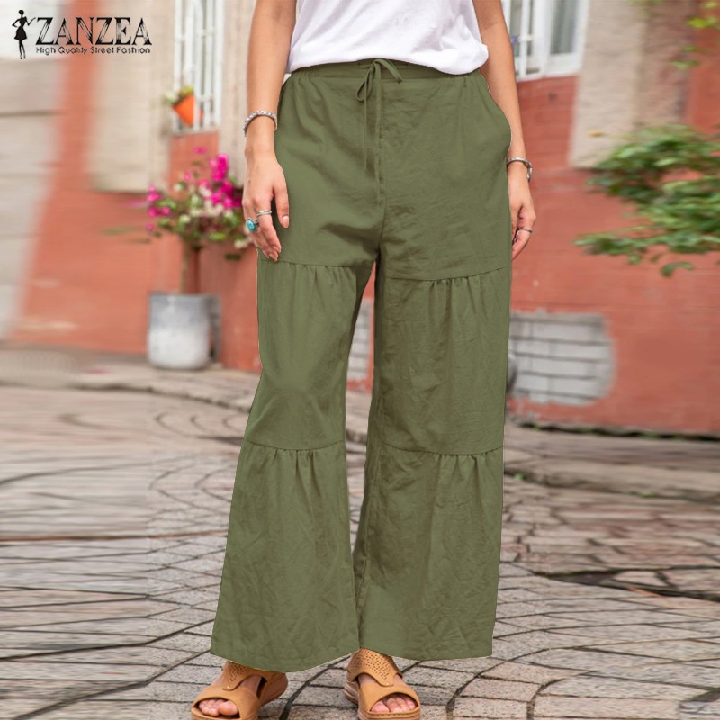 Quần dài ZANZEA ống rộng màu trơn phong cách vintage trẻ trung cho nữ