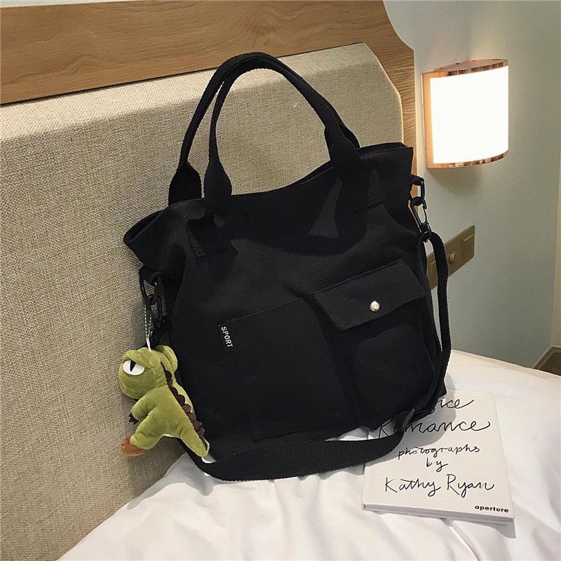 Túi Vải Canvas Đeo Chéo In Hình Khủng Long / Ếch Thời Trang Đường Phố Hàn Quốc Dành Cho Nữ