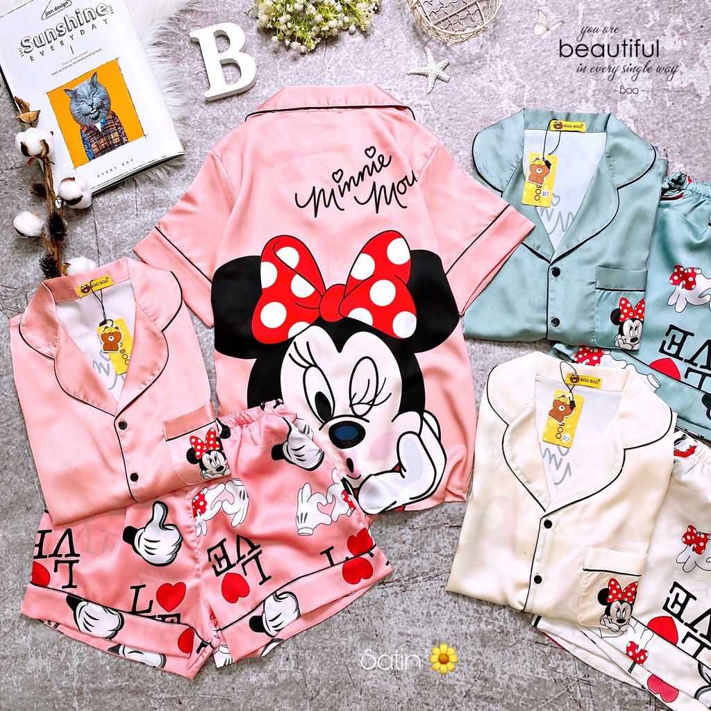 Đồ Bộ Pijama Satin Tay Ngắn Quần Đùi Họa Tiết Dễ Thương Dưới 60KG P1