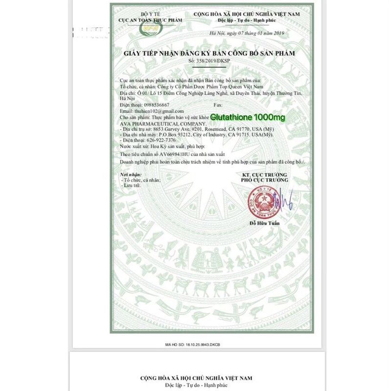 Viên uống trắng da GLUTATHION 1000mg Làm trắng da