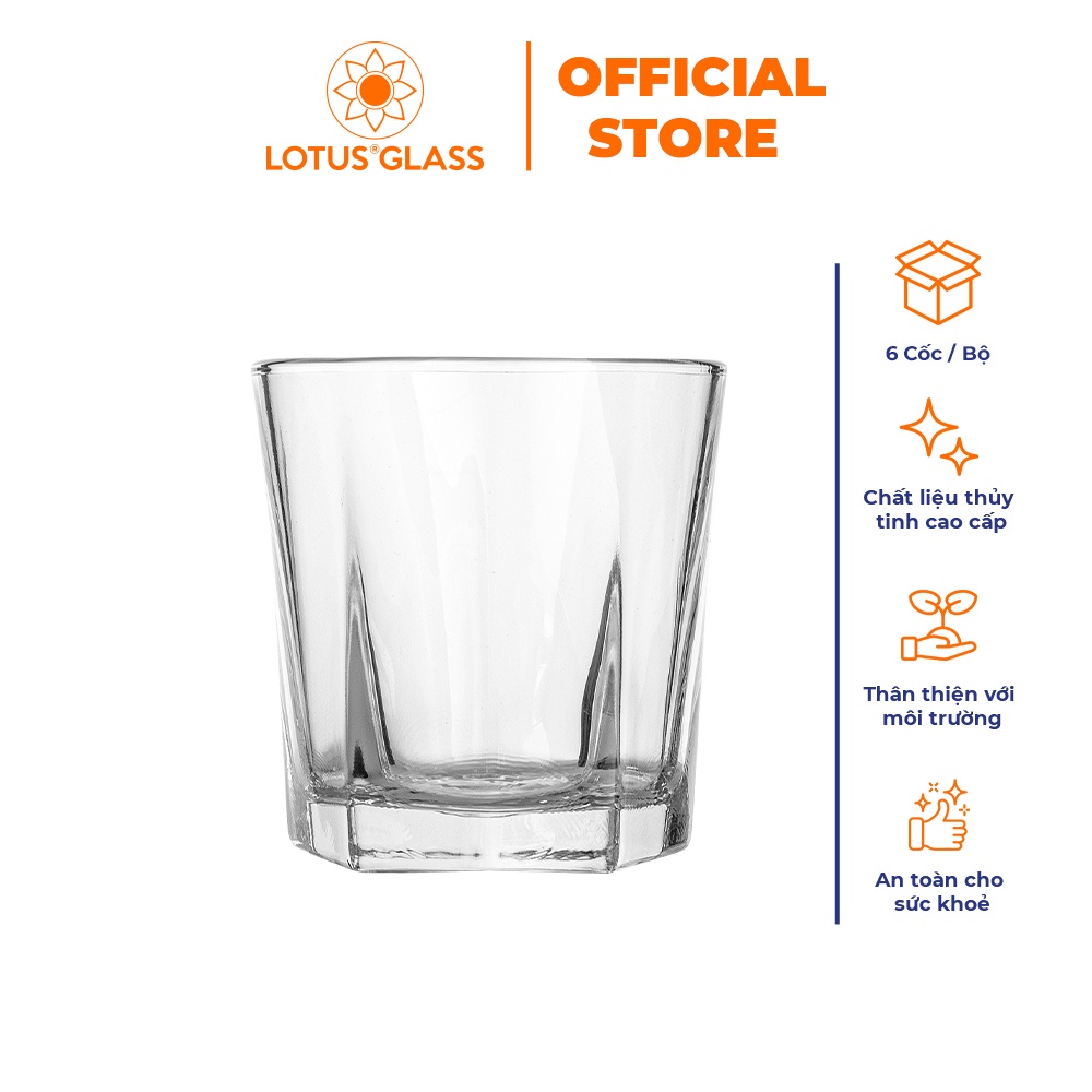 Bộ 6 cốc 5 cạnh thủy tinh LOTUS GLASS VTC60x trong suốt cao cấp, an toàn, dùng để uống nước, rượu whiskey