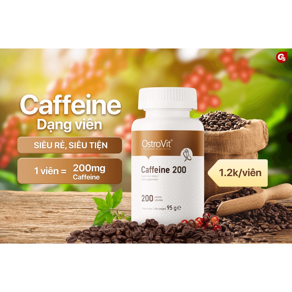 Viên uống Ostrovit Caffeine (200mg, 200 Tablets) nhập khẩu Ba Lan phân phối Gymstore tăng hiệu suất luyện tập, tỉnh táo