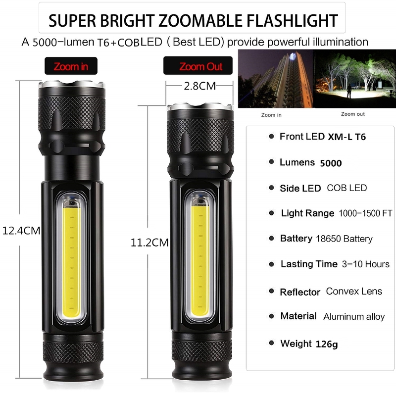 Đèn pin LED đa năng 5000LM USB sạc pin T6Side COB Light Magnet Magnet Light