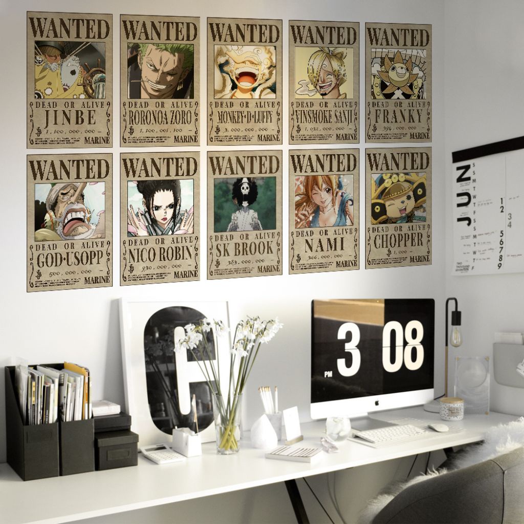 Set 6 Poster/decal truy nã băng mũ rơm Onepiece, độc quyền Titan360, Wanted Poster/decal dán tường