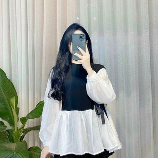 🌈 ÁO KIỂU BBD PHỐI MẦU ĐEN TRẮNG DÂY EO‼️