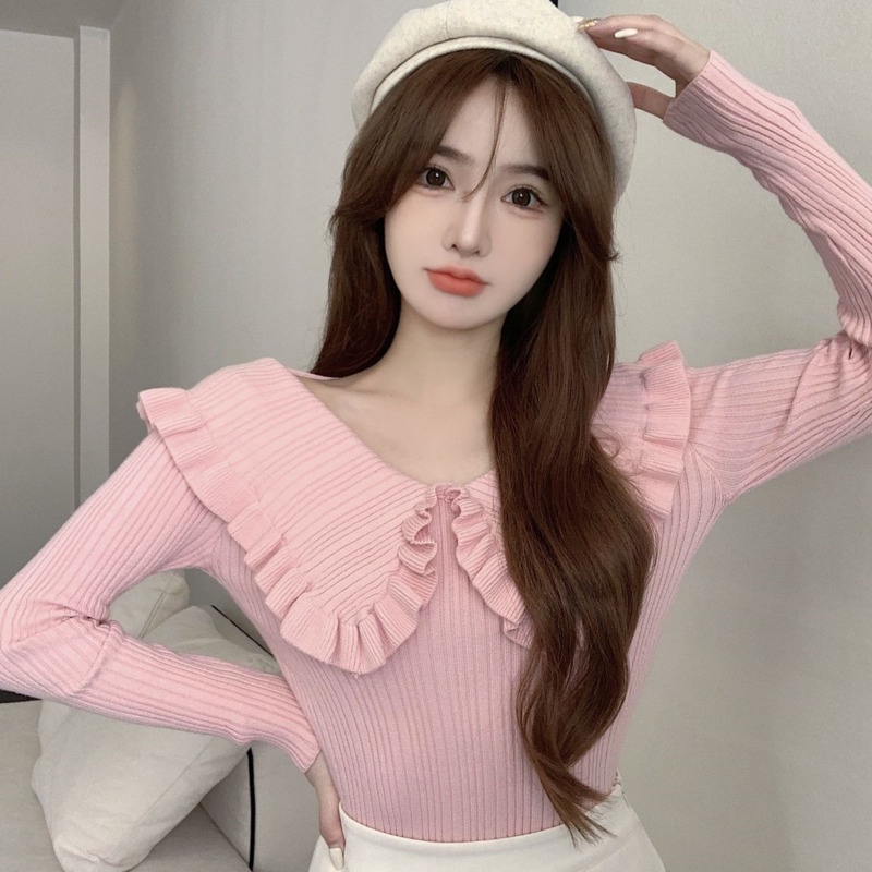 Áo dệt kim tay dài viền lá sen trễ vai thời trang thu đông cho nữ