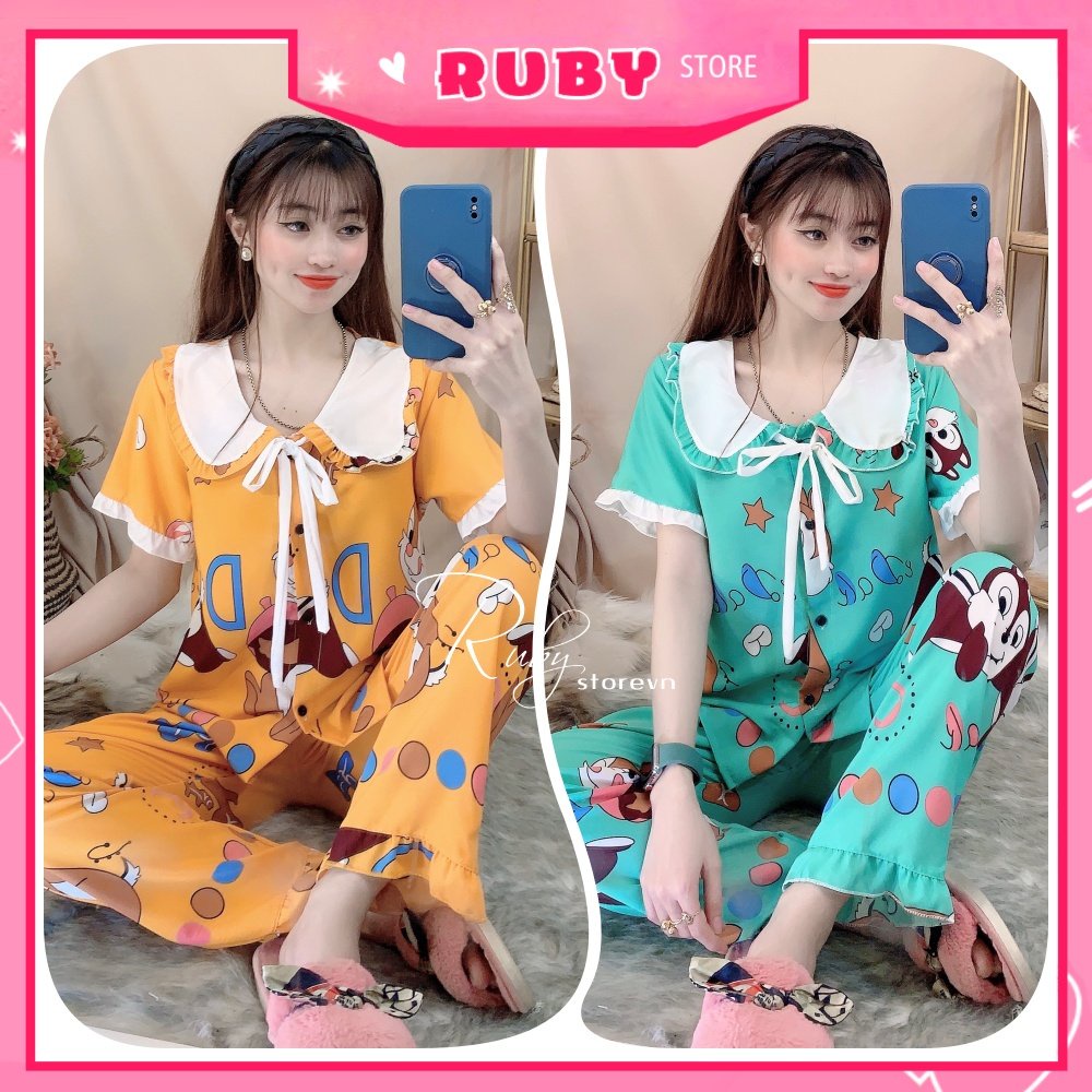 Đồ bộ nữ mặc nhà cổ tiểu thư chất kate lụa mềm mịn mát in hình hoạt hình dễ thương BLH09