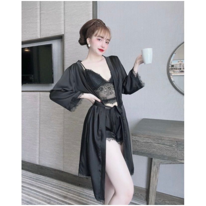 Áo Choàng Sexy Kèm Quần Đùi Chất Lụa Mềm Mịn Cao Cấp
