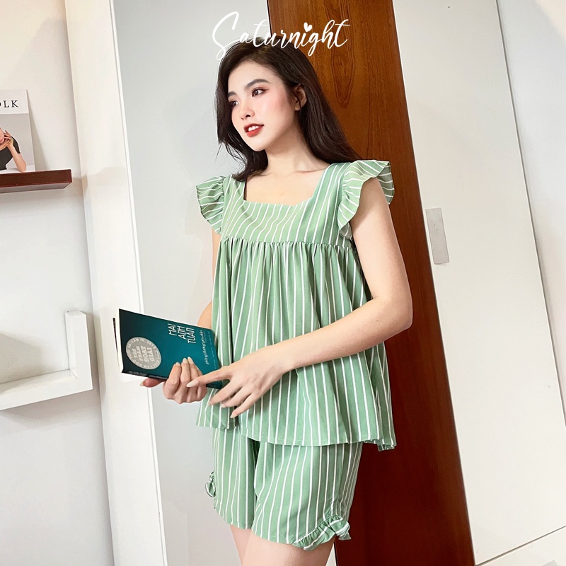 Đồ bộ nữ mặc nhà, set bộ ngắn tay dành cho nữ SATURNIGHT H00218.3F xanh lá FREESIZE