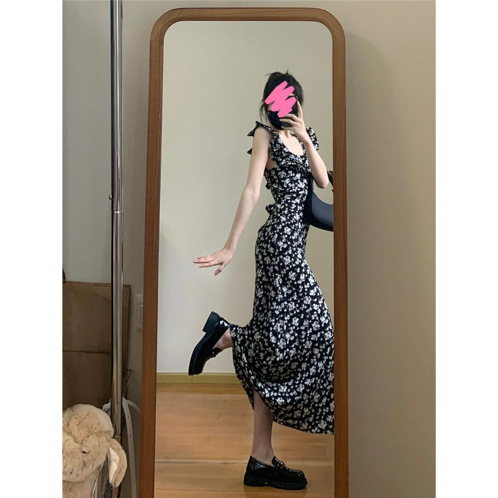 Đầm Đen Dáng Ôm In Hoa Phối Bèo Nhún Kiểu Pháp 62470