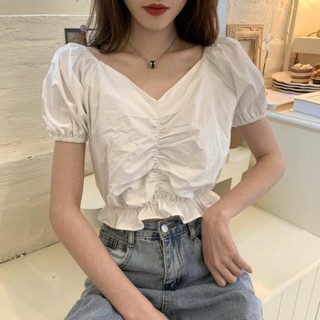 Áo Voan Kiểu Tay Bồng Rút Eo Cổ Tim Retro Phong Cách Hàn Quốc Áo Voan Kiểu Tay Phồng Ulzzang Thời Trang Hot