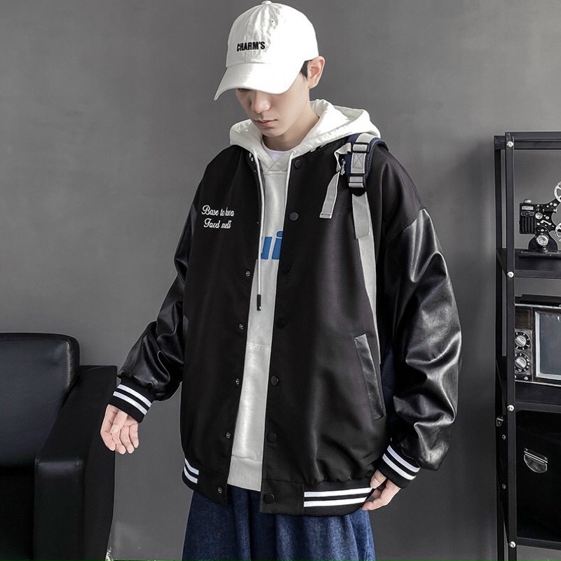BOMBER PHỐI TAY DA CÓ THÊU CHỮ BASE TO HSVA (kèm ảnh thật)