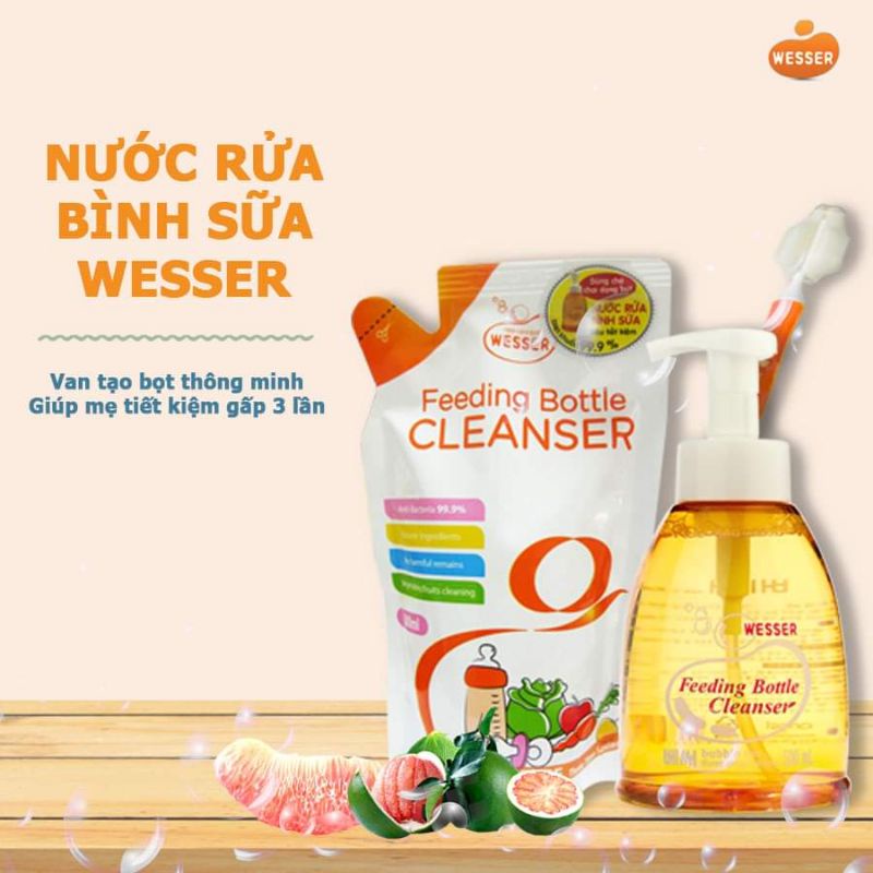 Combo nước rửa bình sữa wesser+cọ rửa bình sữa đa năng wesser