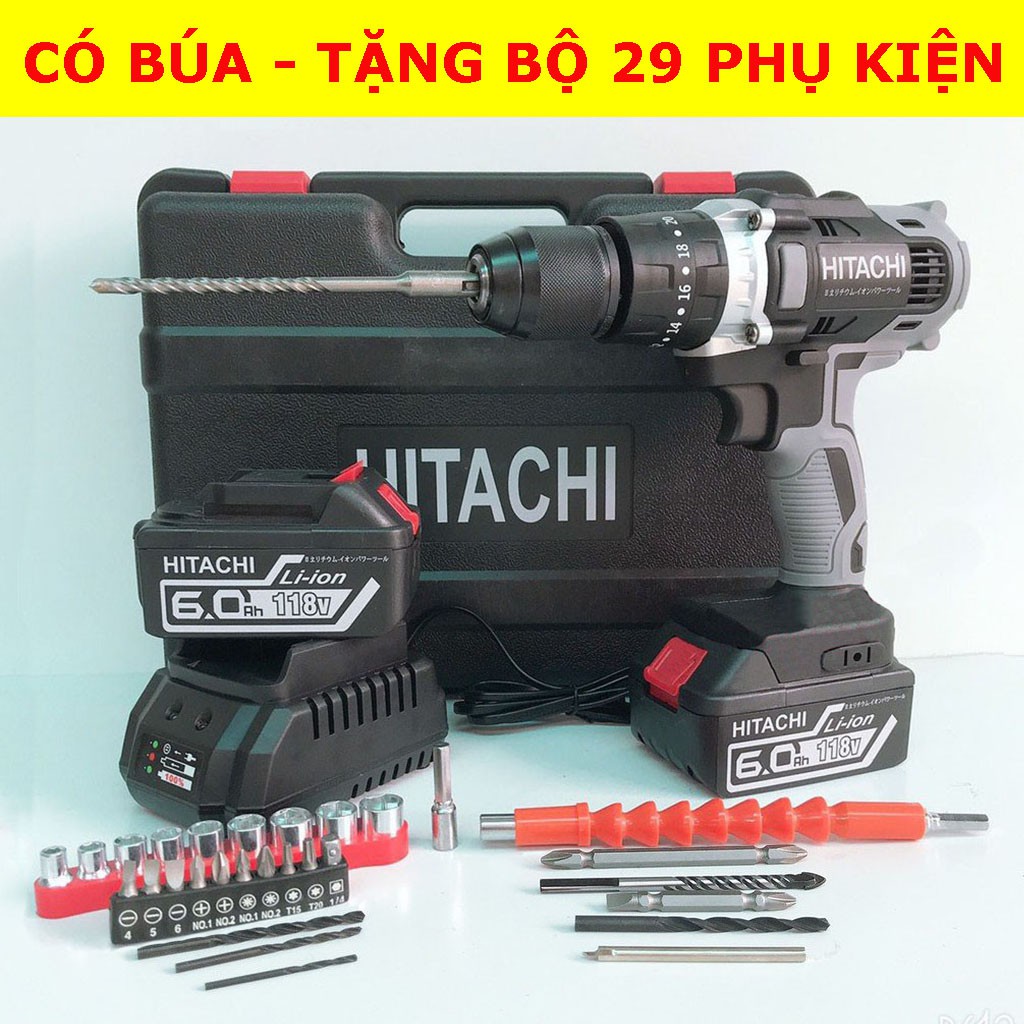 Máy Khoan Pin HITACHI 118V, Động Cơ 775, Đầu Auto Lock 13mm, Tặng Bộ 29 Phụ Kiện