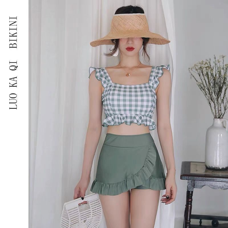 Bộ Đồ Bơi Hai Mảnh Họa Tiết Sọc Caro Kèm Quần Boxer Thời Trang Mùa Hè Cho Nữ