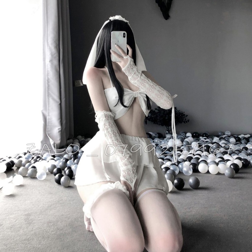 Đồ ngủ cosplay sexy cô dâu kèm chùm đầu và bao tay