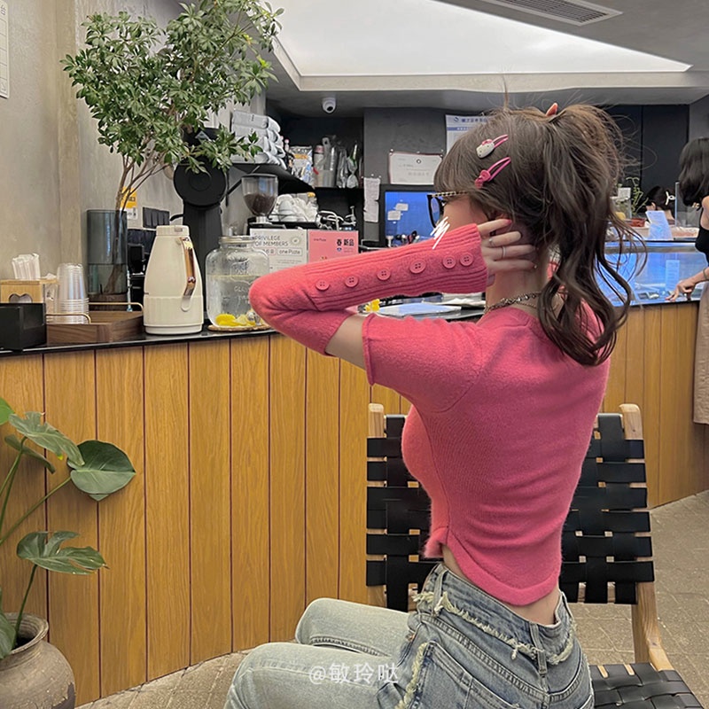 Áo Dệt Kim Tay Dài Dáng Ôm Phong Cách Hàn Quốc Thời Trang Cho Nữ