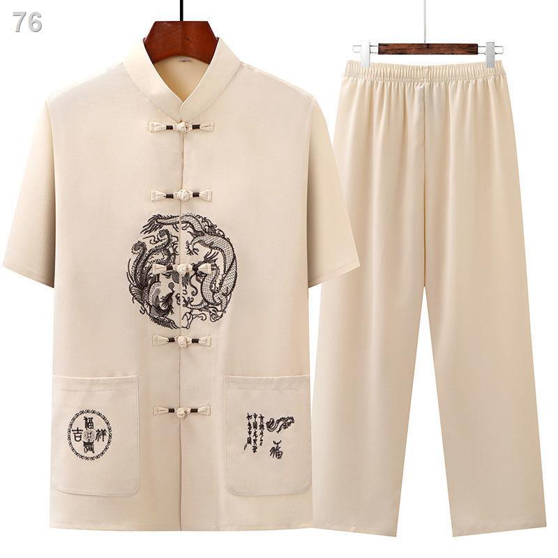 Nam Tang suit nam mùa hè ngắn tay cho người trung niên và cao tuổi Bộ đồ vải lanh lụa băng giá Hanfu Bộ đồ ông nội kiểu