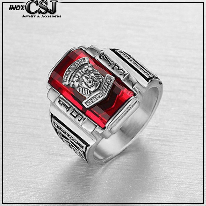 NHẪN NAM INOX SƯ TỬ 1973 ĐÁ ĐỎ siêu đẹp - tặng hộp đựng xinh xắn