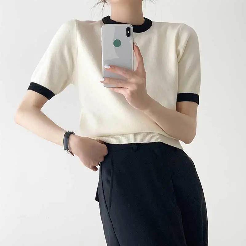 Áo Sweater Tay Ngắn Cổ Tròn Màu Sắc Tương Phản Phong Cách Retro