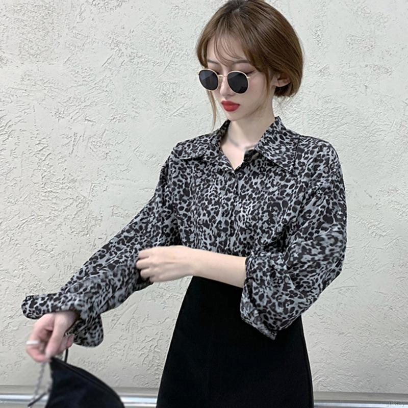 Áo Sơ Mi Dài Tay Dáng Rộng In Họa Tiết Da Báo Kiểu Cổ Điển Hàn Quốc Cá Tính