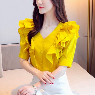 Korean Ruffle V Neck Elegant Shirt Women Summer Short Sleeve Plain Chiffon Blouse White Yellow
