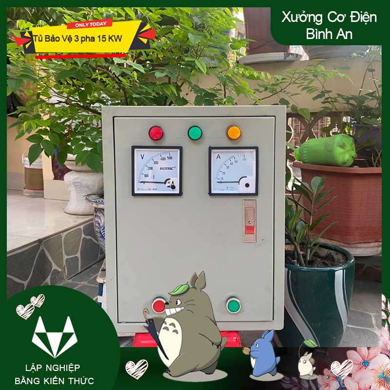 Tủ điều khiển 15kw bảo vệ động cơ 3 pha chống ngắn mạch, đảo pha quá tải trạng bị 2 đồng hồ báo vôn và ample