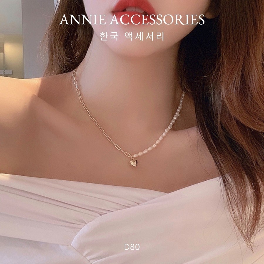 Vòng cổ dây chuyền ngọc trai nhân tạo phối tim vàng cá tính thời trang ANNIE - D80